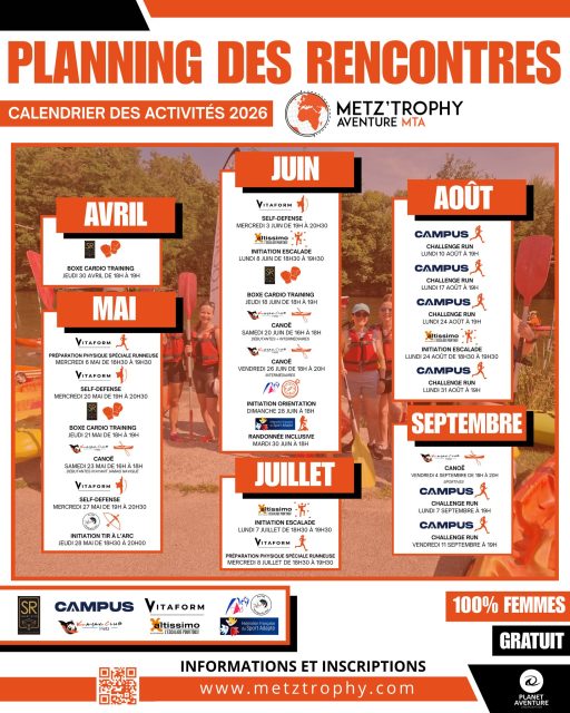🔥 Les Rencontres MTA sont de retour ! 🔥

Cette année encore, préparez-vous au mieux pour le Metz Trophy Aventure en participant aux Rencontres MTA 💪
Des sessions 100% féminines et gratuites pour vous accompagner, progresser et vous dépasser dans une ambiance conviviale

💻 Inscription obligatoire : https://www.metztrophy.com/programme-des-rencontres/

Au programme de cette édition :
🧡 Boxe cardio training avec Smart Ring 
🧡 Préparation physique spéciale runneuse avec Vitaform
🧡 Self défense avec Vitaform
🧡 Canoë avec Kayak Club
🧡 Initiation tir à l’arc avec Arc Club de Montigny-lès-Metz
🧡 Initiation escalade avec Altissimo
🧡 Initiation orientation avec Metz Sports d’Orientation (Metz’O)
🧡 Randonnée inclusive avec le Comité Départemental de Sport Adapté Moselle
🧡 Challenge run avec Campus

📅 D’avril à septembre, venez tester différentes disciplines et vous préparer à votre défi !

👀 Restez connectées, d’autres infos arrivent très bientôt !

#MetzTrophyAventure #RencontresMTA #Metz #SportAuFeminin #PreparationPhysique #SportPourTous #Runneuse #SportSanté #EvenementSportif #Moselle #GrandEst