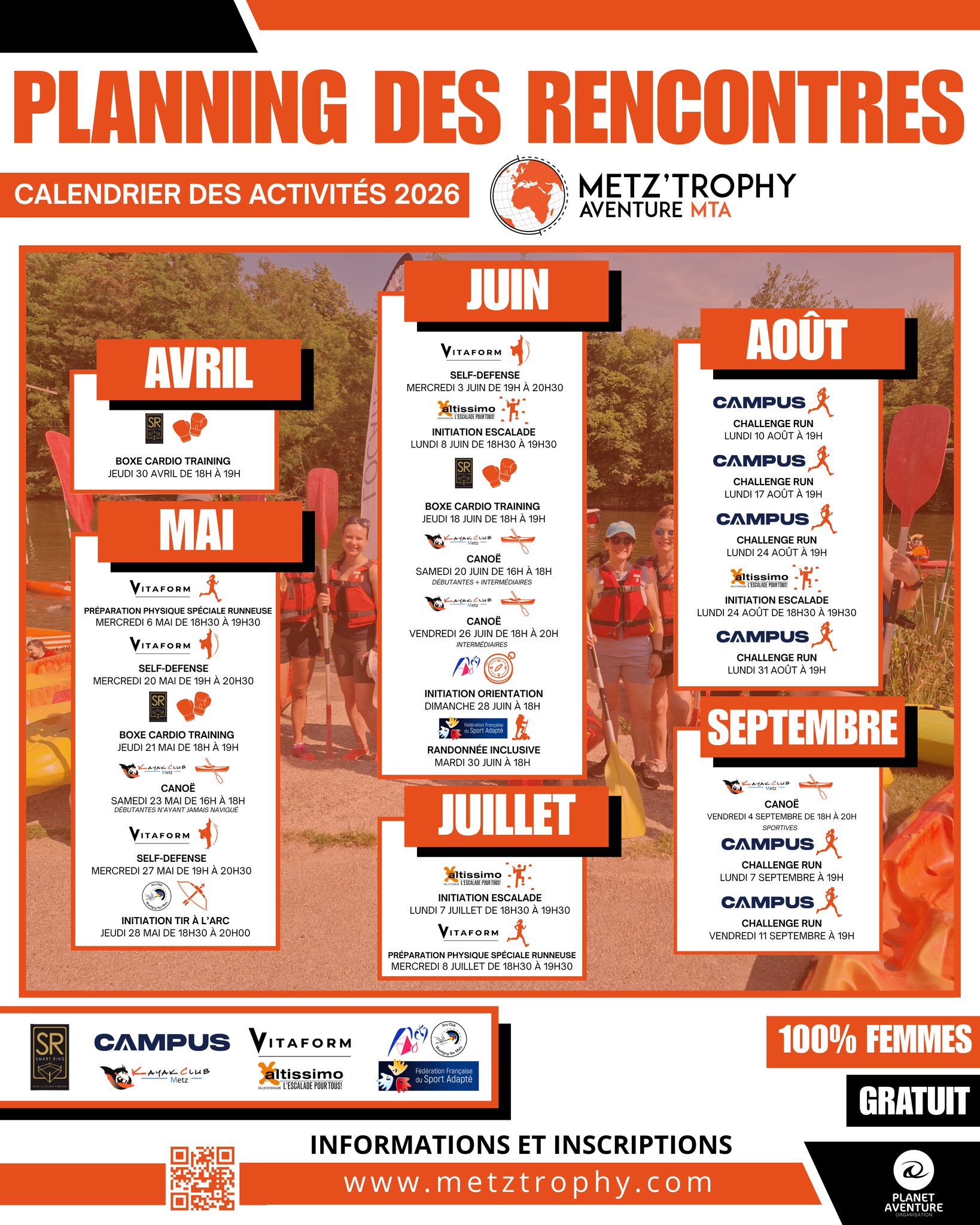 🔥 Les Rencontres MTA sont de retour ! 🔥

Cette année encore, préparez-vous au mieux pour le Metz Trophy Aventure en participant aux Rencontres MTA 💪
Des sessions 100% féminines et gratuites pour vous accompagner, progresser et vous dépasser dans une ambiance conviviale

💻 Inscription obligatoire : https://www.metztrophy.com/programme-des-rencontres/

Au programme de cette édition :
🧡 Boxe cardio training avec Smart Ring 
🧡 Préparation physique spéciale runneuse avec Vitaform
🧡 Self défense avec Vitaform
🧡 Canoë avec Kayak Club
🧡 Initiation tir à l’arc avec Arc Club de Montigny-lès-Metz
🧡 Initiation escalade avec Altissimo
🧡 Initiation orientation avec Metz Sports d’Orientation (Metz’O)
🧡 Randonnée inclusive avec le Comité Départemental de Sport Adapté Moselle
🧡 Challenge run avec Campus

📅 D’avril à septembre, venez tester différentes disciplines et vous préparer à votre défi !

👀 Restez connectées, d’autres infos arrivent très bientôt !

#MetzTrophyAventure #RencontresMTA #Metz #SportAuFeminin #PreparationPhysique #SportPourTous #Runneuse #SportSanté #EvenementSportif #Moselle #GrandEst