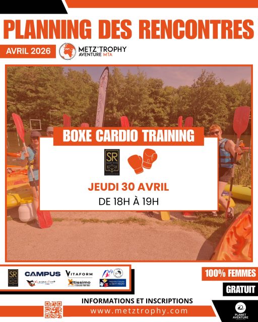 🔥 Les inscriptions d’avril sont ouvertes ! 🔥

Les Rencontres MTA commencent 💪
Pour bien démarrer votre préparation au Metz Trophy Aventure, ne manquez pas la session du mois d’avril !

Au programme ce mois-ci :
🧡 Boxe cardio training avec @smart_ring57 
📅 Jeudi 30 avril
🕕 De 18h à 19h

💻 Inscrivez-vous dès maintenant : https://www.metztrophy.com/programme-des-rencontres/

#MetzTrophyAventure #RencontresMTA #Metz #SportAuFeminin #CardioTraining #BoxeFitness #PreparationPhysique #SportPourTous #EvenementSportif #Moselle #GrandEst