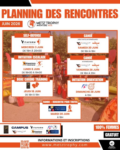 🗓️ Les inscriptions de JUIN sont ouvertes !

Les Rencontres MTA continuent ! 🚀

Préparez-vous sereinement pour le Metz Trophy Aventure avec un programme riche et varié pour ce nouveau mois de préparation.

Découvrez les activités gratuites et 100% femmes de juin :
🥋 Self-Défense avec @vitaform57 : Mercredi 3 juin de 19h à 20h30
🧗‍♀️ Initiation Escalade avec @altissimoloisirama : Lundi 8 juin de 18h30 à 19h30
🥊 Boxe Cardio Training avec @smart_ring57 : Jeudi 18 juin de 18h à 19h
🛶 Canoë débutantes/intermédiaires avec le KAYAK CLUB METZ : Samedi 20 juin de 16h à 18h
🛶 Canoë intermédiaires avec le KAYAK CLUB METZ : Vendredi 26 juin de 18h à 20h
🧭 Initiation Orientation avec Metz Sport d’Orientation : Dimanche 28 juin à 10h
🥾 Rando – Rencontre pour toutes avec la Fédération Moselle Sport Adapté : Mardi 30 juin à 18h

📍 Inscrivez-vous dès maintenant :
👉 https://www.metztrophy.com/programme-des-rencontres/

#MetzTrophyAventure #RencontresMTA #Metz #SportAuFeminin #PreparationPhysique #SportPourTous #EvenementSportif #Moselle #GrandEst #Canoe #SelfDefense #Escalade #Orientation #Randonnee #Running