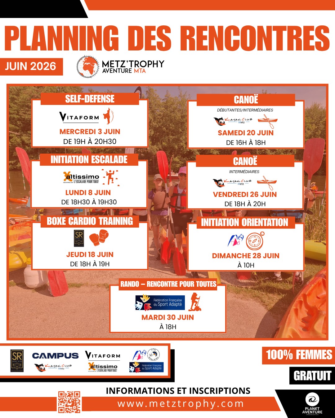 🗓️ Les inscriptions de JUIN sont ouvertes !

Les Rencontres MTA continuent ! 🚀

Préparez-vous sereinement pour le Metz Trophy Aventure avec un programme riche et varié pour ce nouveau mois de préparation.

Découvrez les activités gratuites et 100% femmes de juin :
🥋 Self-Défense avec @vitaform57 : Mercredi 3 juin de 19h à 20h30
🧗‍♀️ Initiation Escalade avec @altissimoloisirama : Lundi 8 juin de 18h30 à 19h30
🥊 Boxe Cardio Training avec @smart_ring57 : Jeudi 18 juin de 18h à 19h
🛶 Canoë débutantes/intermédiaires avec le KAYAK CLUB METZ : Samedi 20 juin de 16h à 18h
🛶 Canoë intermédiaires avec le KAYAK CLUB METZ : Vendredi 26 juin de 18h à 20h
🧭 Initiation Orientation avec Metz Sport d’Orientation : Dimanche 28 juin à 10h
🥾 Rando – Rencontre pour toutes avec la Fédération Moselle Sport Adapté : Mardi 30 juin à 18h

📍 Inscrivez-vous dès maintenant :
👉 https://www.metztrophy.com/programme-des-rencontres/

#MetzTrophyAventure #RencontresMTA #Metz #SportAuFeminin #PreparationPhysique #SportPourTous #EvenementSportif #Moselle #GrandEst #Canoe #SelfDefense #Escalade #Orientation #Randonnee #Running