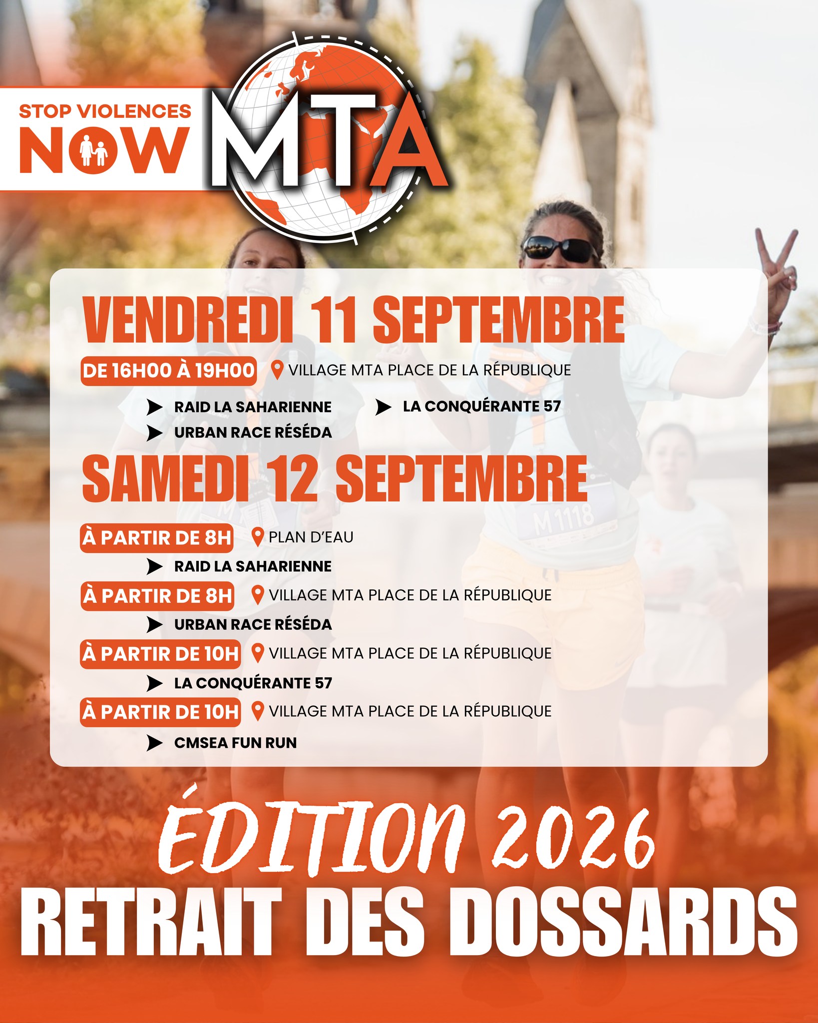 🚨 RAPPEL – RETRAIT DES DOSSARDS 🚨
📅 VENDREDI 11 SEPTEMBRE
🕓 De 16h à 19h
📍 Place de la République – Metz
🏜️ Raid La Saharienne
🏃♀️ Urban Race réséda
🧡 La Conquérante 57
📅 SAMEDI 12 SEPTEMBRE
Retrait également possible sur les lieux de chaque épreuve :
🏜️ Raid La Saharienne → dès 8h au Plan d’eau
🏃♀️ Urban Race réséda → dès 8h au Village MTA – Place de la République
🧡 La Conquérante 57 → dès 10h – Place de la République
🎉 CMSEA Fun Run → dès 10h – Place de la République
⚠️ N’oubliez pas votre pièce d’identité ! 🪪
🔥 On vous attend en forme pour le Metz Trophy Aventure !
#MetzTrophyAventure #RetraitDossards #Metz #RaidLaSaharienne #UrbanRaceReseda #LaConquerante57 #CMSEAFunRun #TeamMTA
